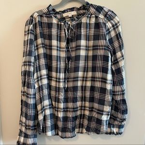 loft Plaid Tie Blouse Top Plaid Large